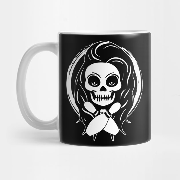 Female Bowler Skull and Bowling Pins White Logo by Nuletto